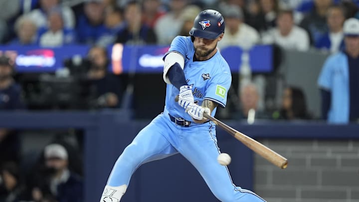 Oct 31, 2025; Toronto, Ontario, CAN; Toronto Blue Jays right fielder Nathan Lukes (38) hits a single against the Los Angeles Dodgers in the first inning during game six of the 2025 MLB World Series at Rogers Centre. Mandatory Credit: John E. Sokolowski-Imagn Images Oct 31, 2025; Toronto, Ontario, CAN; Toronto Blue Jays right fielder Nathan Lukes (38) hits a single against the Los Angeles Dodgers in the first inning during game six of the 2025 MLB World Series at Rogers Centre. Mandatory Credit: John E. Sokolowski-Imagn Images