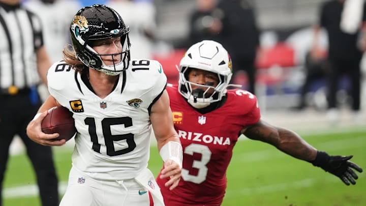 Arizona Cardinals safety Budda Baker (3) closes in for a sack on Jacksonville Jaguars quarterback Trevor Lawrence (16) at State Farm Stadium on Nov. 23, 2025. Arizona Cardinals safety Budda Baker (3) closes in for a sack on Jacksonville Jaguars quarterback Trevor Lawrence (16) at State Farm Stadium on Nov. 23, 2025.