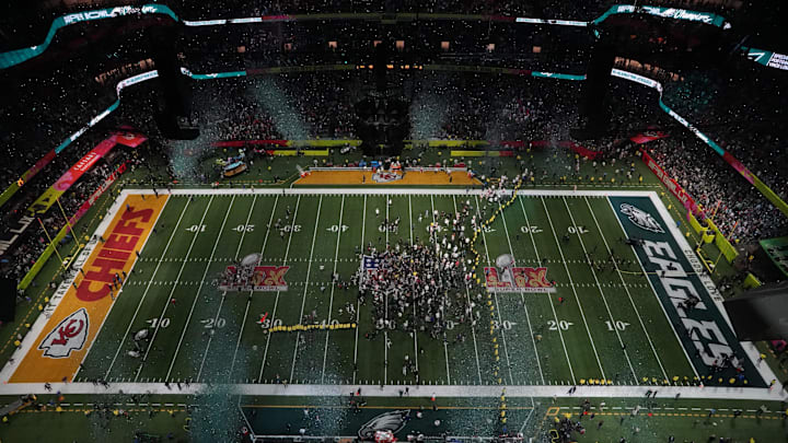 Feb 9, 2025; New Orleans, LA, USA; A general view as the Philadelphia Eagles defeat the Kansas City Chiefs in Super Bowl LIX at Caesars Superdome. Mandatory Credit: James Lang-Imagn Images