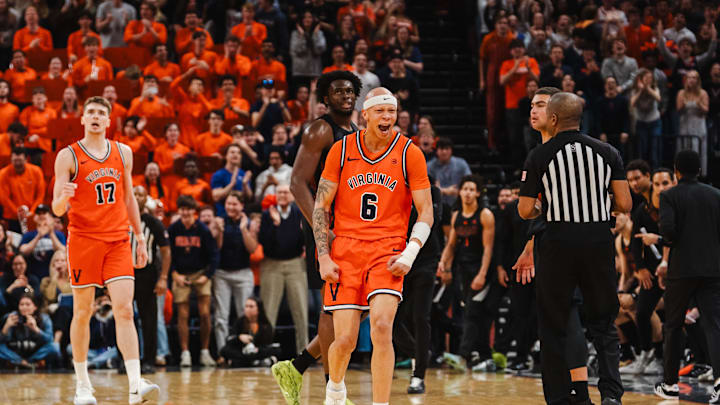 Feb 21, 2026; Charlottesville, Virginia, USA; Virginia Cavaliers guard Jacari White (6) celebrates during the second half against the Miami (FL) Hurricanes at John Paul Jones Arena. Mandatory Credit: Emily Faith Morgan-Imagn Images Feb 21, 2026; Charlottesville, Virginia, USA; Virginia Cavaliers guard Jacari White (6) celebrates during the second half against the Miami (FL) Hurricanes at John Paul Jones Arena. Mandatory Credit: Emily Faith Morgan-Imagn Images