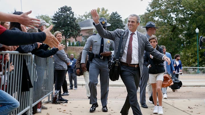 Nov 1, 2025; Oxford, Mississippi, USA; South Carolina Gamecocks head coach Shane Beamer walks into Vaught-Hemingway Stadium prior to the game against the Mississippi Rebels. Mandatory Credit: Petre Thomas-Imagn Images
