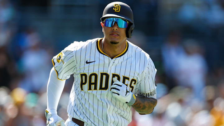 Sep 3, 2025; San Diego, California, USA; San Diego Padres third baseman Manny Machado (13) looks into the dugout after hitting a two-run home run during the sixth inning against the Baltimore Orioles at Petco Park. Mandatory Credit: David Frerker-Imagn Images