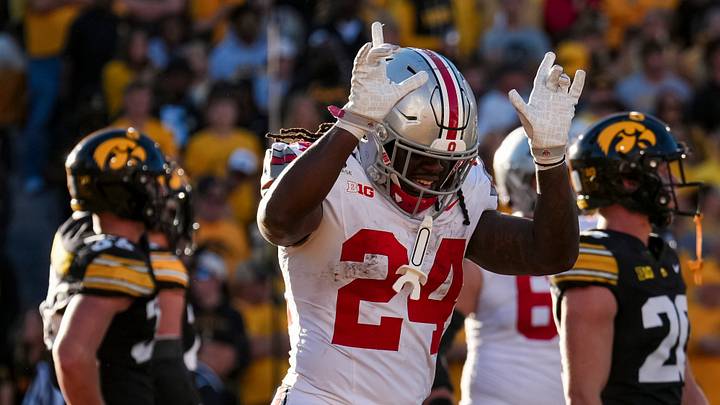 Ohio State Buckeyes running back Ja'kobi Jackson (24) celebrates a touchdown during the NCAA football game aio at Kinnick Stadium in Iowa City on Oct. 3, 2026. Ohio State Buckeyes running back Ja'kobi Jackson (24) celebrates a touchdown during the NCAA football game aio at Kinnick Stadium in Iowa City on Oct. 3, 2026.