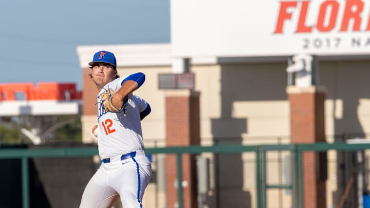 Florida's pitcher Liam Peterson (12) is the starter in the matchup against Alabama. Florida came back from being down 5-0 to beat Alabama 7-6, Friday, May 15, 2025, at Condron Family Ballpark in Gainesville, Florida. [Cyndi Chambers/ Gainesville Sun] 2025