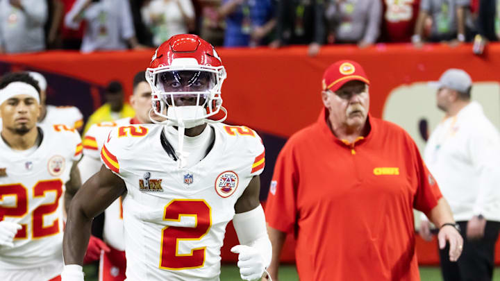 Feb 9, 2025; New Orleans, LA, USA;  Kansas City Chiefs cornerback Joshua Williams (2) and head coach Andy Reid against the Philadelphia Eagles in Super Bowl LIX at Ceasars Superdome. Mandatory Credit: Mark J. Rebilas-Imagn Images