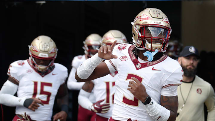 Nov 4, 2023; Pittsburgh, Pennsylvania, USA;  Florida State Seminoles defensive back Kevin Knowles II (3) gestures as he take the field against the Pittsburgh Panthers at Acrisure Stadium. Mandatory Credit: Charles LeClaire-USA TODAY Sports