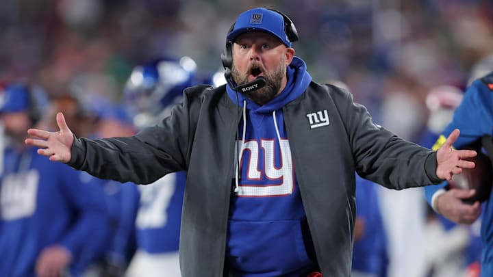 Oct 9, 2025; East Rutherford, New Jersey, USA; New York Giants head coach Brian Daboll reacts during the second quarter of the game against the Philadelphia Eagles at MetLife Stadium. Mandatory Credit: Brad Penner-Imagn Images