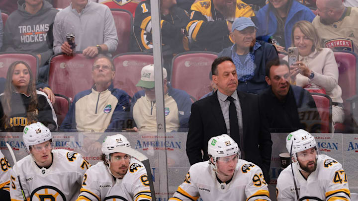 Apr 2, 2026; Sunrise, Florida, USA; Boston Bruins head coach Marco Sturm watches from the bench against the Florida Panthers during the third period at Amerant Bank Arena. Mandatory Credit: Sam Navarro-Imagn Images Apr 2, 2026; Sunrise, Florida, USA; Boston Bruins head coach Marco Sturm watches from the bench against the Florida Panthers during the third period at Amerant Bank Arena. Mandatory Credit: Sam Navarro-Imagn Images