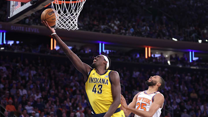 May 23, 2025; New York, New York, USA; Indiana Pacers forward Pascal Siakam (43) shoots against New York Knicks forward Mikal Bridges (25) in the second quarter during game two of the eastern conference finals for the 2025 NBA Playoffs at Madison Square Garden. Mandatory Credit: Wendell Cruz-Imagn Images