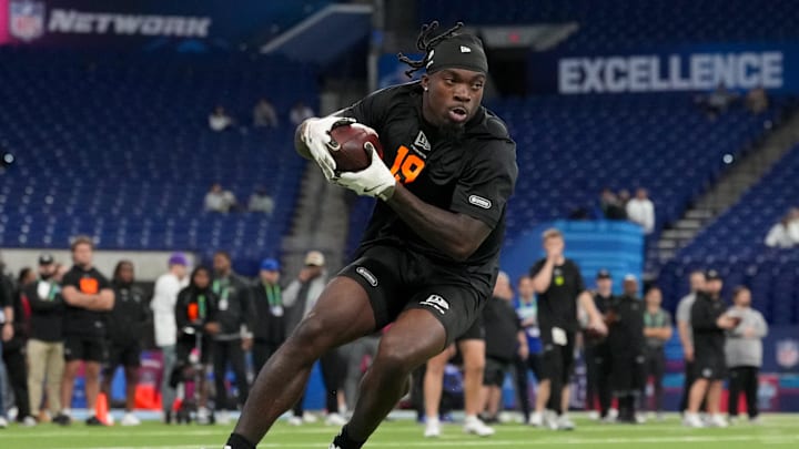 Feb 28, 2026; Indianapolis, IN, USA; Virginia running back J'Mari Taylor (RB19) during the NFL Scouting Combine at Lucas Oil Stadium. Mandatory Credit: Kirby Lee-Imagn Images