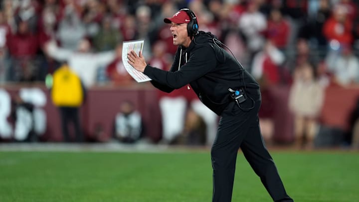 Alabama coach Kalen DeBoer gestures during a first-round College Football Playoff game between Oklahoma and Alabama