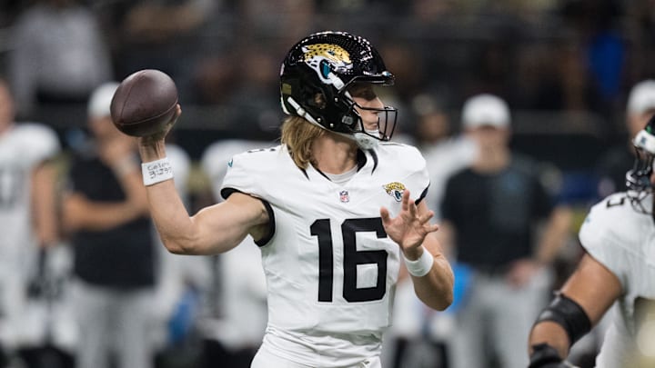 Aug 17, 2025; New Orleans, Louisiana, USA;  Jacksonville Jaguars quarterback Trevor Lawrence (16) throws during the first half against the New Orleans Saints at Caesars Superdome. Mandatory Credit: Matthew Hinton-Imagn Images