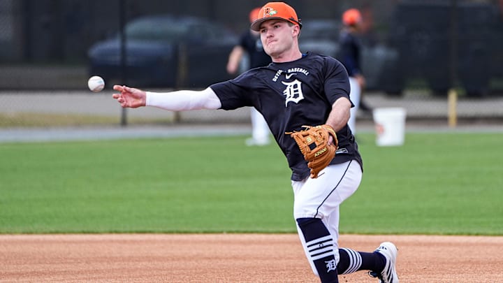 Detroit Tigers infielder Kevin McGonigle practices during spring training at TigerTown in Lakeland, Fla. on Monday, Feb. 16, 2026.
