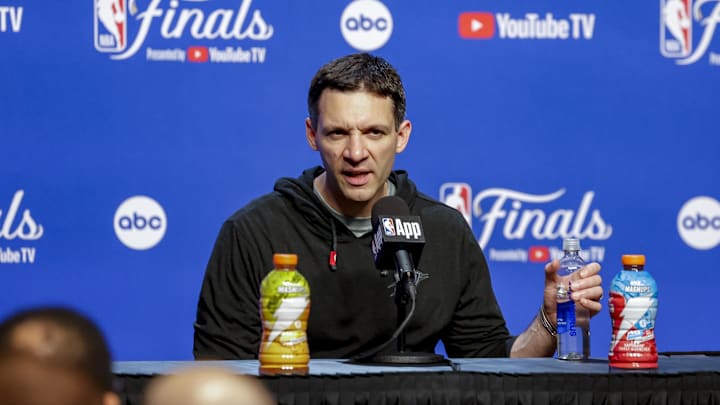 Oklahoma City Thunder head coach Daigneault speaks to the media after the Thunder drop Game 1 to the Indiana Pacers at Paycom Center.