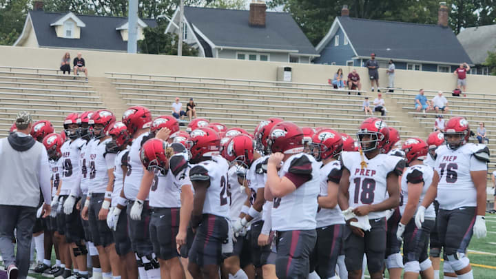 St. Joseph's Prep players gather together before running drills prior to a game against Lakewood St. Edward (Ohio) on August 31, 2024. St. Joseph's Prep players gather together before running drills prior to a game against Lakewood St. Edward (Ohio) on August 31, 2024.