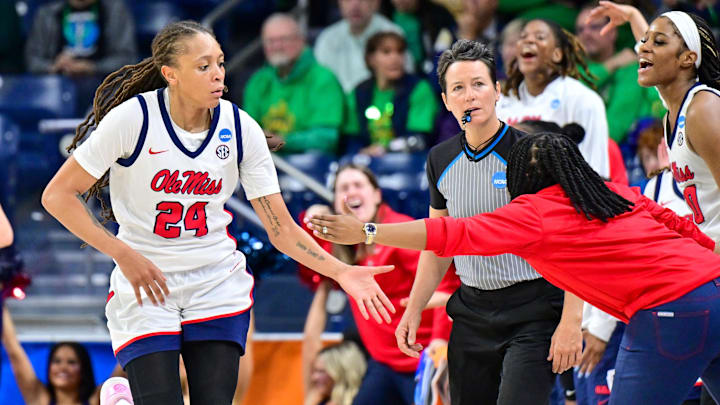Mar 23, 2024; South Bend, Indiana, USA; Ole Miss Rebels forward Madison Scott (24) celebrates