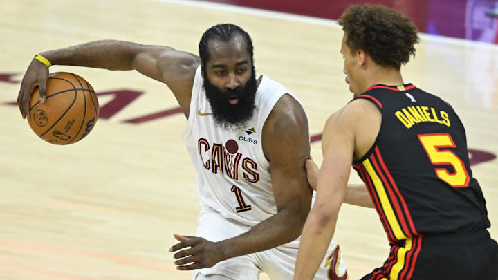 Apr 8, 2026; Cleveland, Ohio, USA; Cleveland Cavaliers guard James Harden (1) dribbles defended by Atlanta Hawks guard Dyson Daniels (5) in the fourth quarter at Rocket Arena. Mandatory Credit: David Richard-Imagn Images Apr 8, 2026; Cleveland, Ohio, USA; Cleveland Cavaliers guard James Harden (1) dribbles defended by Atlanta Hawks guard Dyson Daniels (5) in the fourth quarter at Rocket Arena. Mandatory Credit: David Richard-Imagn Images