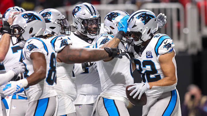 Jan 5, 2025; Atlanta, Georgia, USA; Carolina Panthers tight end Tommy Tremble (82) celebrates after a catch for a touchdown against the Atlanta Falcons in the third quarter at Mercedes-Benz Stadium. Mandatory Credit: Brett Davis-Imagn Images