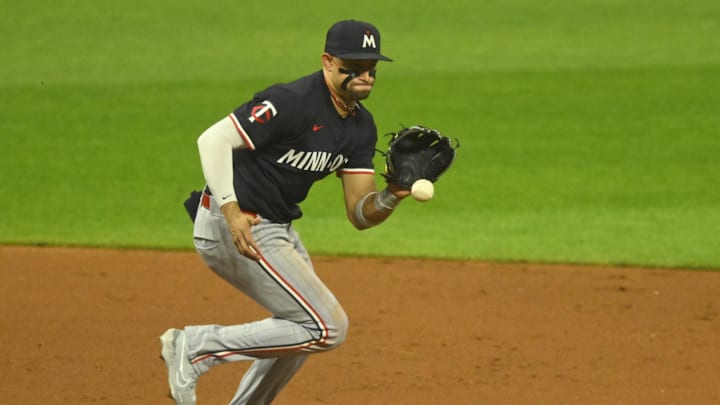 Sep 17, 2024; Cleveland, Ohio, USA; Minnesota Twins third baseman Royce Lewis (23) fields a ground ball in the fifth inning against the Cleveland Guardians at Progressive Field. Mandatory Credit: David Richard-Imagn Images Sep 17, 2024; Cleveland, Ohio, USA; Minnesota Twins third baseman Royce Lewis (23) fields a ground ball in the fifth inning against the Cleveland Guardians at Progressive Field. Mandatory Credit: David Richard-Imagn Images