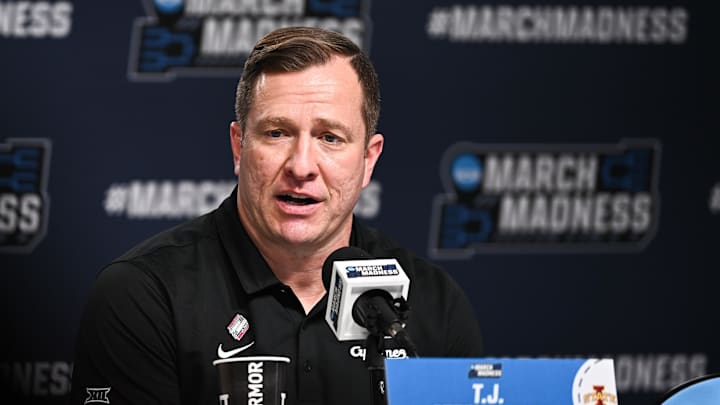 Mar 22, 2026; St. Louis, MO, USA; Iowa State Cyclones head coach T.J. Otzelberger speaks during the postgame press conference after the game against the Kentucky Wildcats during a second round game of the men's 2026 NCAA Tournament at Enterprise Center. Mandatory Credit: Jeff Le-Imagn Images