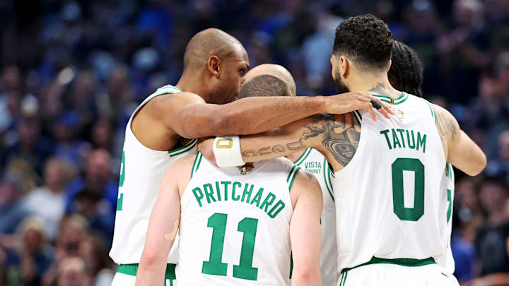 Jun 12, 2024; Dallas, Texas, USA; The Boston Celtics huddle during the fourth quarter during game three of the 2024 NBA Finals against the Dallas Mavericks at American Airlines Center. Mandatory Credit: Kevin Jairaj-Imagn Images