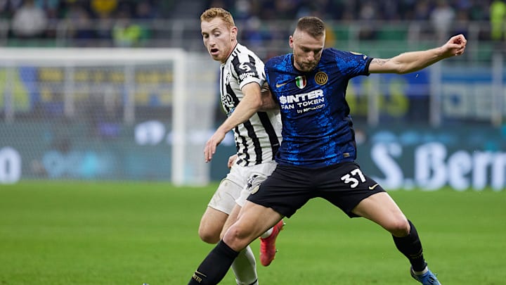 Milan Skriniar in action against Dejan Kulusevski back when the two were playing in Serie A 