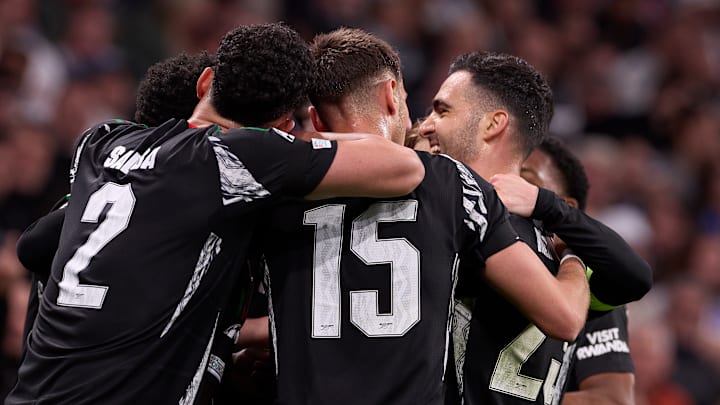 Arsenal FC players celebrate a goal during the UEFA...