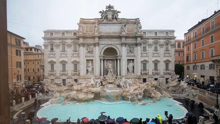 A general view of the Trevi Fountain on the day of its...