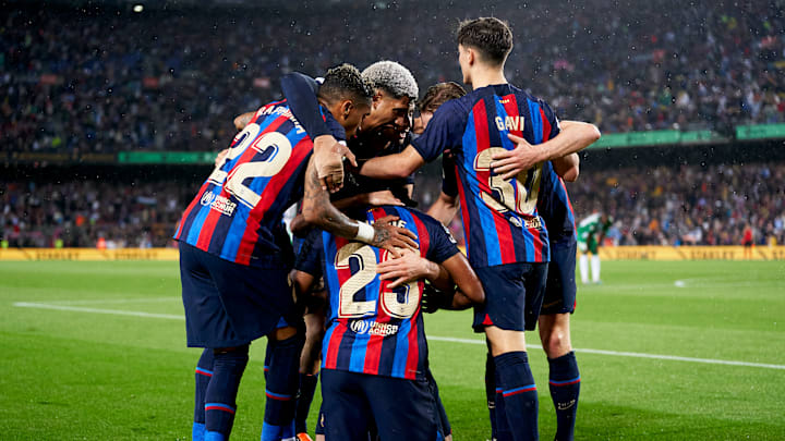 Jugadores del FC Barcelona celebran un gol.
