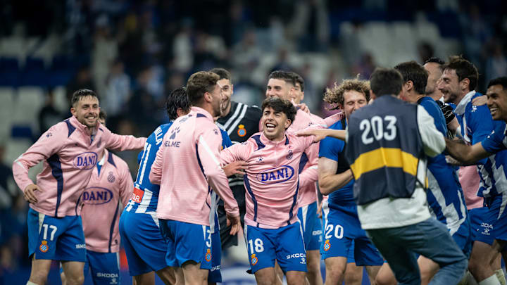 RCD Espanyol players celebrate a score during a La Liga EA... RCD Espanyol players celebrate a score during a La Liga EA...