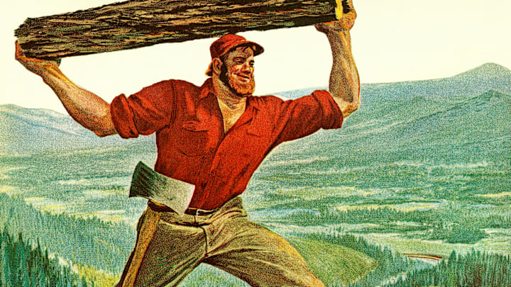 A painting of Paul Bunyan carrying a log above his head.