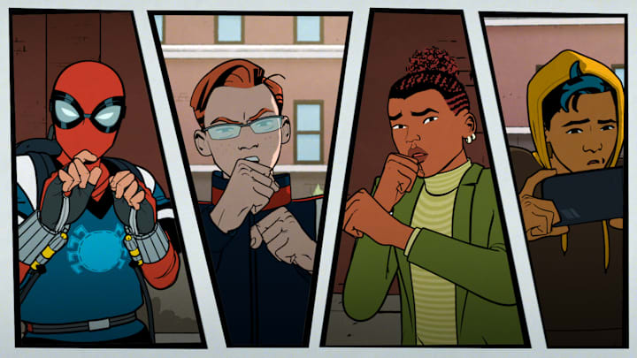 (Far Left) Peter Parker/Spider-Man (Hudson Thames) and (Second from Right) Harry Osborn (Zeno Robinson) in Marvel Animation's YOUR FRIENDLY NEIGHBORHOOD SPIDER-MAN, exclusively on Disney+. Photo courtesy of Marvel Animation. © 2024 MARVEL.