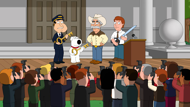 FAMILY GUY: Finding themselves on a press tour for landing a plane while the pilots deal with food poisoning in the bathroom, BRIAN and QUAGMIRE earn very different kinds of fame as new national heroes in the all-new “Dog Is My Co-Pilot” episode of FAMILY GUY airing Sunday, March 23 (9:30-10:00 PM ET/PT) on FOX. FAMILY GUY © 2025 by 20th Television