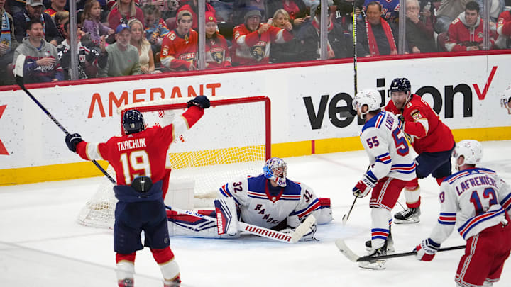 Dec 29, 2023; Sunrise, Florida, USA; Florida Panthers left wing Matthew Tkachuk (19) celebrates the