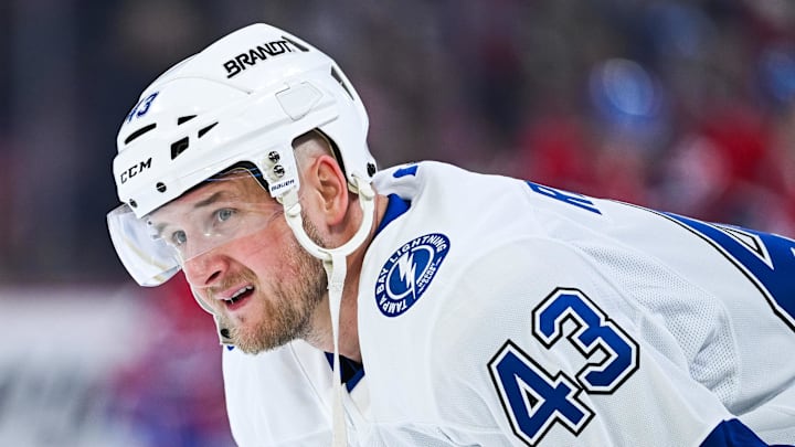 Apr 26, 2026; Montreal, Quebec, CAN; Tampa Bay Lightning defenseman Darren Raddysh (43) looks on during warm-up before the game against the Montreal Canadiens in game four of the first round of the 2026 Stanley Cup Playoffs at Bell Centre. Mandatory Credit: David Kirouac-Imagn Images