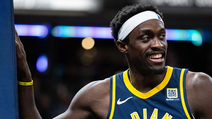 Nov 25, 2024; Indianapolis, Indiana, USA;  Indiana Pacers forward Pascal Siakam (43) reacts in the first half against the New Orleans Pelicans at Gainbridge Fieldhouse. Mandatory Credit: Trevor Ruszkowski-Imagn Images