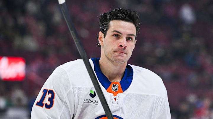 Mar 21, 2026; Montreal, Quebec, CAN; New York Islanders center Mathew Barzal (13) looks on during warm-up before the game against the Montreal Canadiens at Bell Centre. Mandatory Credit: David Kirouac-Imagn Images