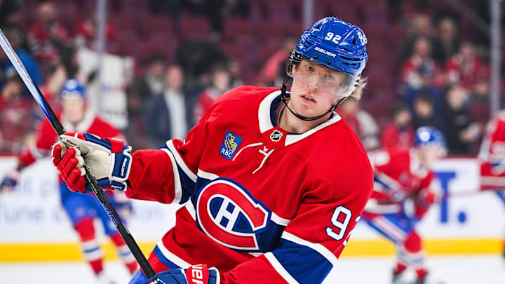 Oct 16, 2025; Montreal, Quebec, CAN; Montreal Canadiens right wing Patrik Laine (92) looks on during warm-up before the game against the Nashville Predators at Bell Centre. Mandatory Credit: David Kirouac-Imagn Images