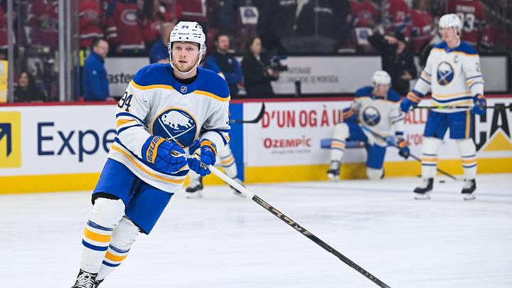 May 16, 2026; Montreal, Quebec, CAN; Buffalo Sabres center Konsta Helenius (94) skates during warm-up before the game against the Montreal Canadiens in game six of the second round of the 2026 Stanley Cup Playoffs at Bell Centre. Mandatory Credit: David Kirouac-Imagn Images