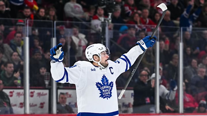 Jan 18, 2025; Montreal, Quebec, CAN; Toronto Maple Leafs center Auston Matthews (34) reacts after scoring a goal against the Montreal Canadiens during the third period at Bell Centre. Mandatory Credit: David Kirouac-Imagn Images