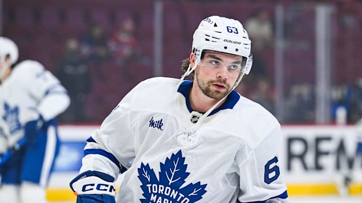 Sep 25, 2025; Montreal, Quebec, CAN; Toronto Maple Leafs forward Matias Maccelli (63) looks on during warm-up before the game against the Montreal Canadiens at Bell Centre. Mandatory Credit: David Kirouac-Imagn Images