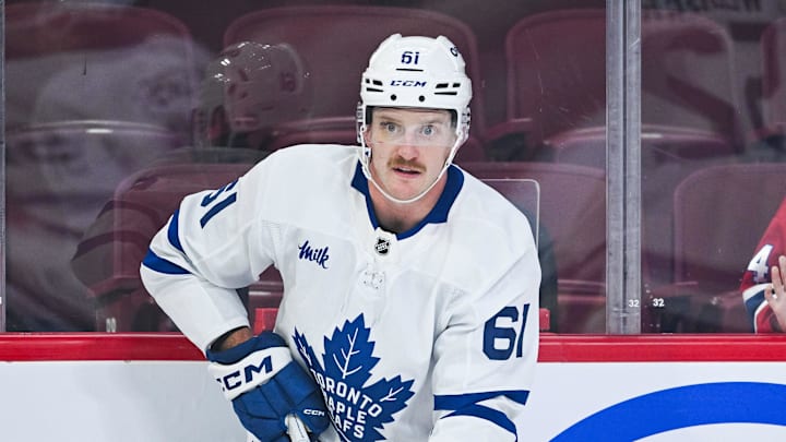 Sep 25, 2025; Montreal, Quebec, CAN; Toronto Maple Leafs forward Michael Pezzetta (61) looks on during warm-up before the game against the Montreal Canadiens at Bell Centre. Mandatory Credit: David Kirouac-Imagn Images
