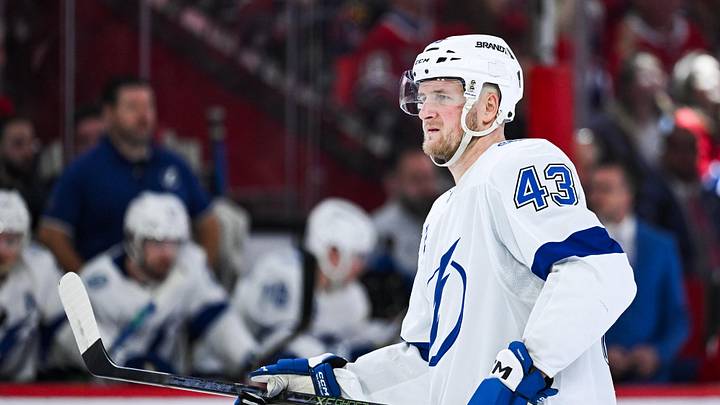 Apr 26, 2026; Montreal, Quebec, CAN; Tampa Bay Lightning defenseman Darren Raddysh (43) looks on against the Montreal Canadiens during the second period in game four of the first round of the 2026 Stanley Cup Playoffs at Bell Centre. Mandatory Credit: David Kirouac-Imagn Images