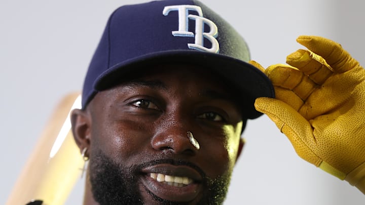 Feb 18, 2024; Port Charlotte, FL, USA;  Tampa Bay Rays left fielder Randy Arozarena (56) poses for a