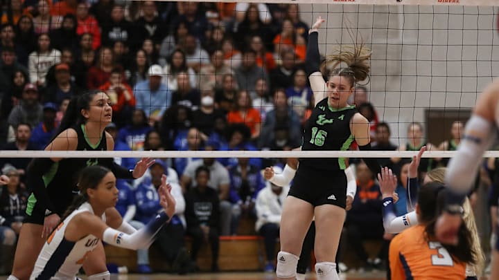 USF volleyball in action against UTEP in the National Invitational Volleyball Championship semifinal.