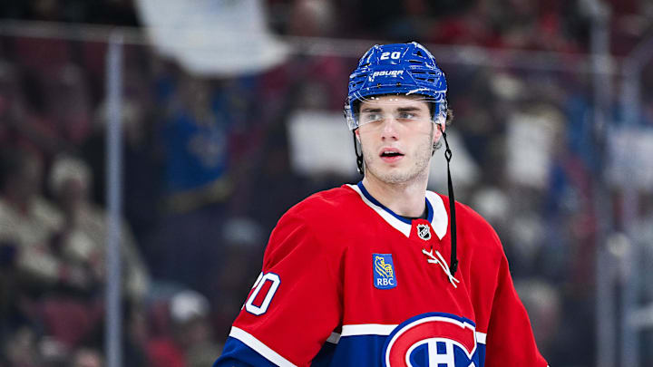 Jan 12, 2026; Montreal, Quebec, CAN; Montreal Canadiens left wing Juraj Slafkovsky (20) looks on during warm-up before the game against the Vancouver Canucks at Bell Centre. Mandatory Credit: David Kirouac-Imagn Images