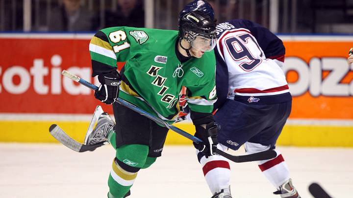 Apr 5, 2009; London, ON, Canada; London Knights center John Tavares (61) in action against the Saginaw Spirit at the John Labatt Centre. Mandatory Credit: Tom Szczerbowski-Imagn Images