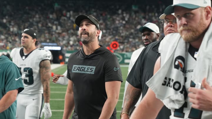 East Rutherford, NJ -- August 22, 2025 -- Eagles head coach Nick Sirianni walks off of the field at the end of the first half. The Philadelphia Eagles came to MetLife Stadium to play the NY Jets in the final preseason season game.