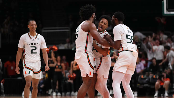 Jan 31, 2023; Coral Gables, Florida, USA; Miami Hurricanes guard Nijel Pack (24) celebrates his