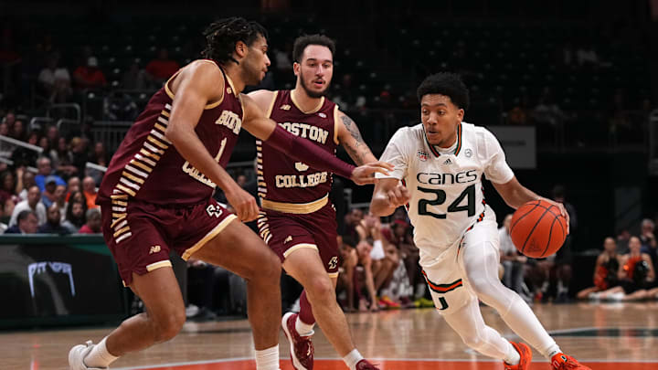 Jan 11, 2023; Coral Gables, Florida, USA; Miami Hurricanes guard Nijel Pack (24) drives the ball